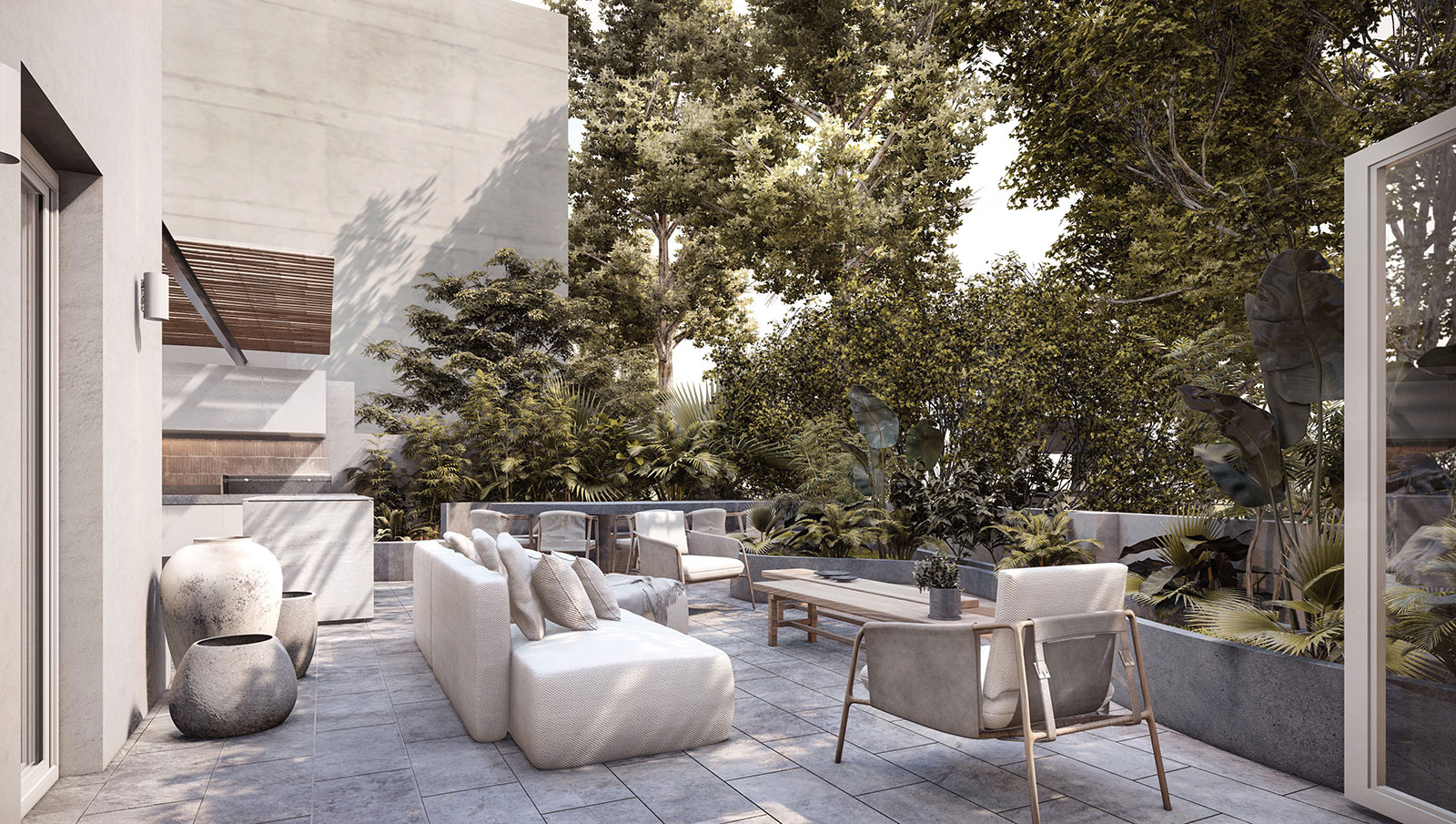 Terraza exterior de Casa Elysian diseñada por Romina Calzi Studio con mobiliario contemporáneo y vegetación frondosa